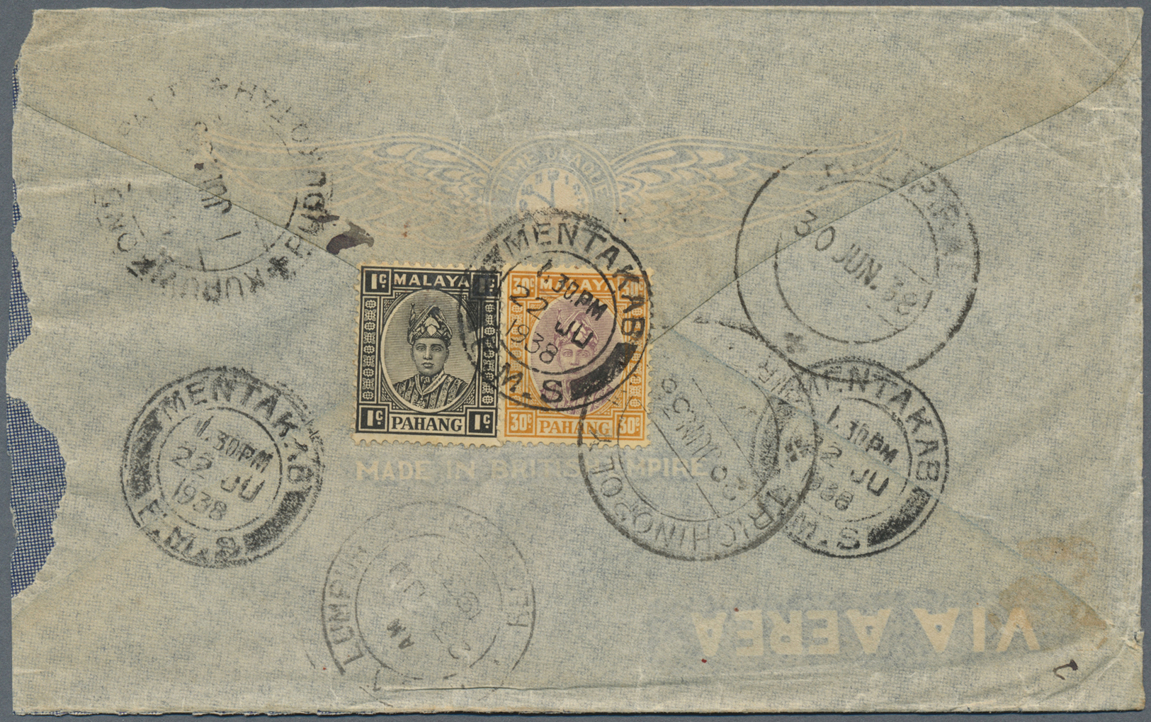 Malaiische Staaten - Pahang: 1938, 12 C., 10 C. And 1 C. Resp. 30 C. And 1 C. Ea. Canc. "MENTAKAB" To Reverse Of 2 Regis - Pahang