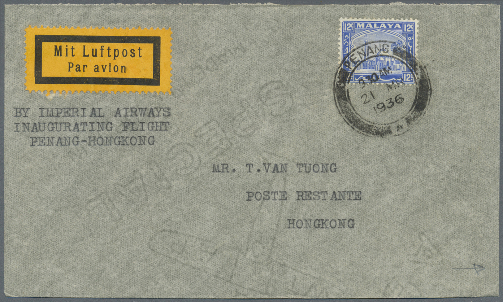 Malaiische Staaten - Penang: 1936, 12 C. Tied "PENANG 21 MR 1936" To Air Mail Cover FFC Endorsed "By Imperial Airways In - Penang