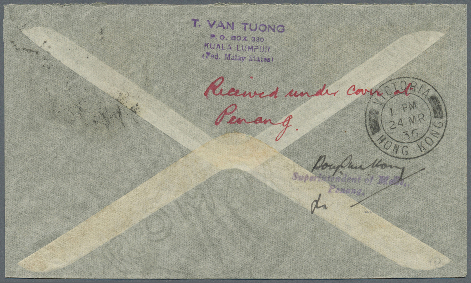 Malaiische Staaten - Penang: 1936, 12 C. Tied "PENANG 21 MR 1936" To Air Mail Cover FFC Endorsed "By Imperial Airways In - Penang