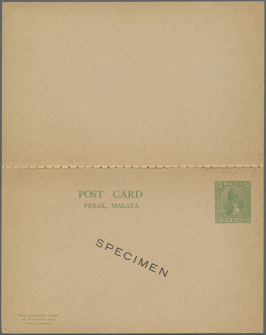 GA Malaiische Staaten - Perak: 1930 (ca.), Double Card 2 + 2 C. Green Ovpt. "SPECIMEN",  Variety: The Reply Part Without - Perak