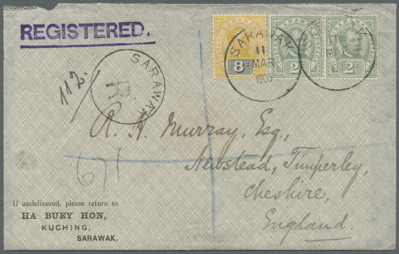 Br Malaiische Staaten - Sarawak: 1903. Registered Envelope (small Faults) Addressed To England Bearing SG 37, 2c Green ( - Autres & Non Classés