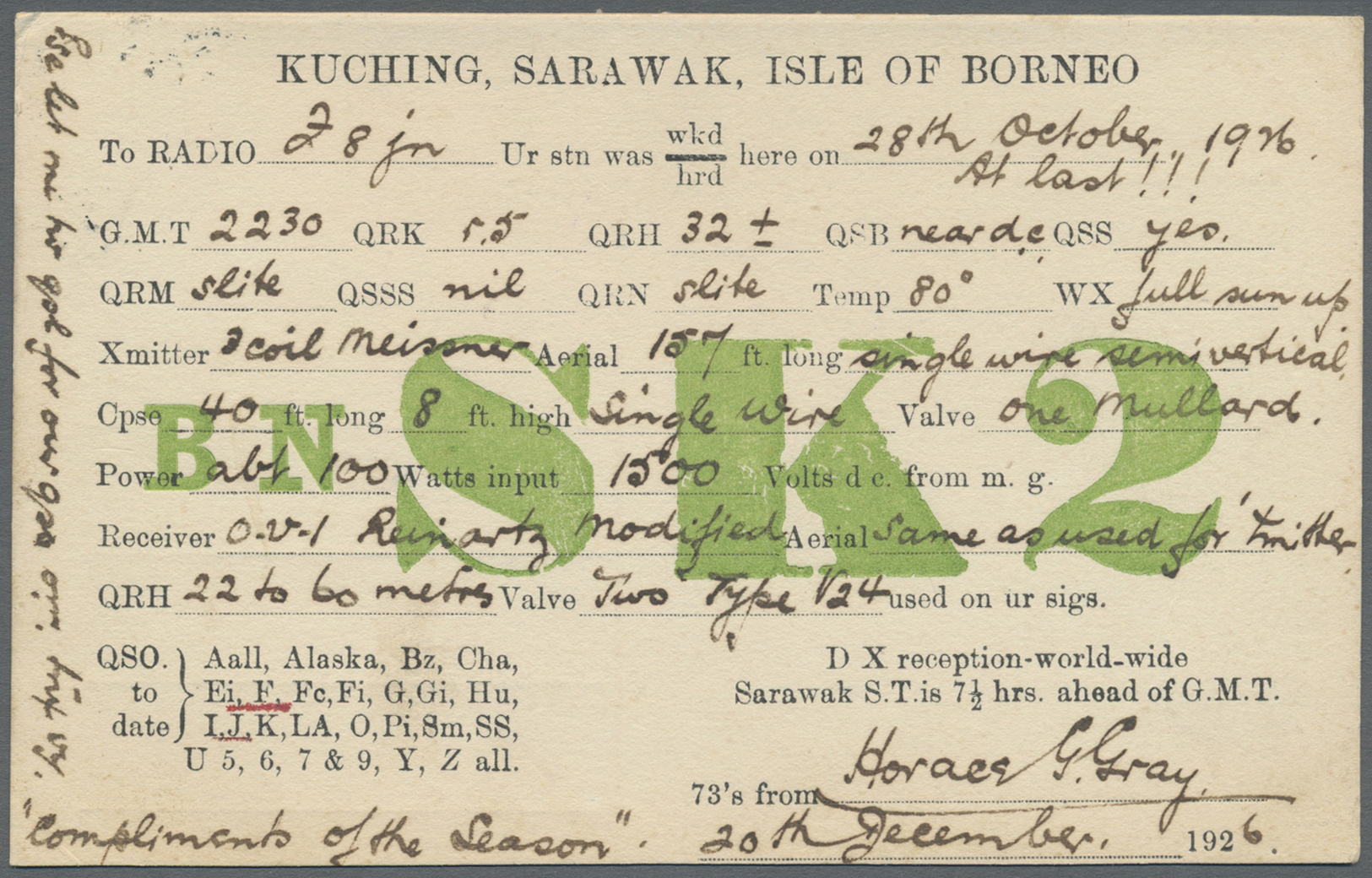 Br Malaiische Staaten - Sarawak: 1926. Radio Card Headed 'Kuching, Sarawak, Isle De Borneo' Adddressed To France Bearing - Other & Unclassified