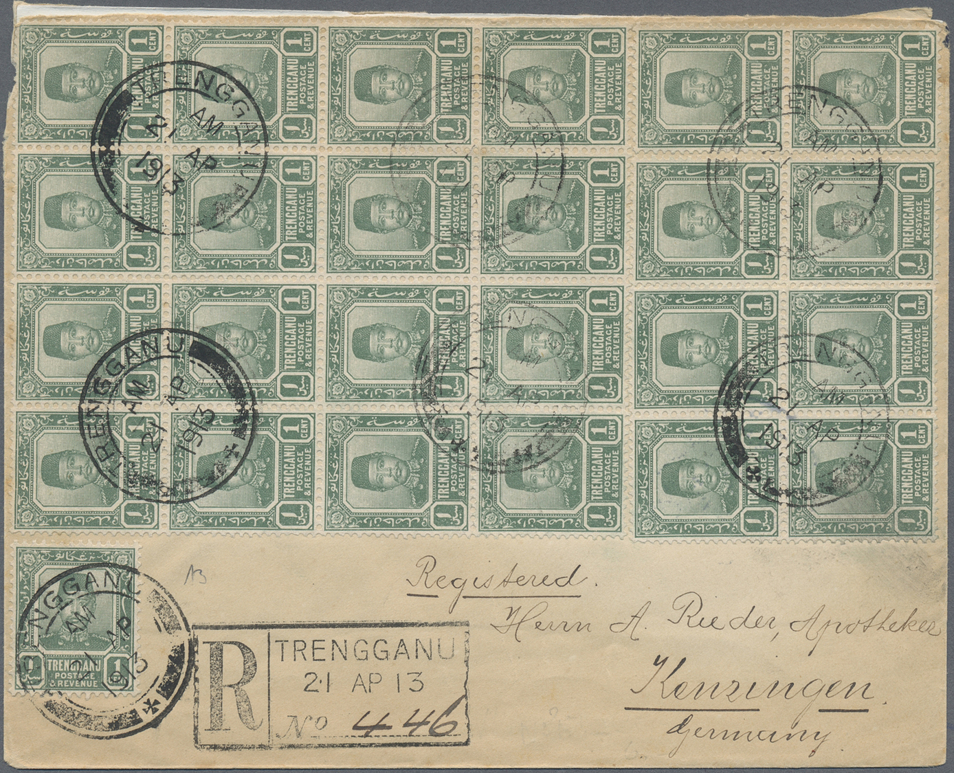 Br Malaiische Staaten - Trengganu: 1913. Registered Envelope Addressed To Germany Bearing Trengganu SG 1, 1c Blue-green - Trengganu