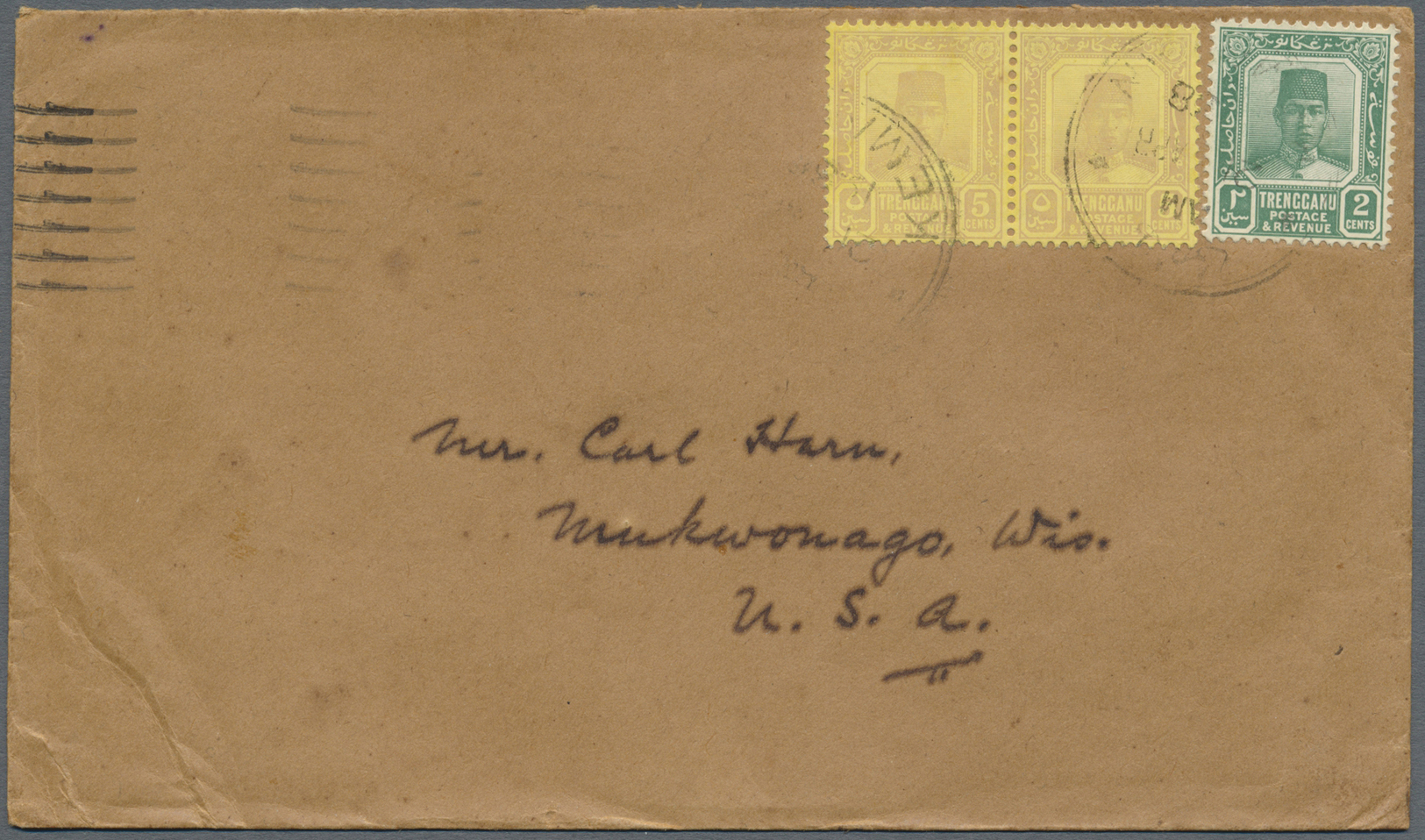 Br Malaiische Staaten - Trengganu: 1938, 2c. Green And Horiz. Pair 5c. Purple/yellow (faded Colour) On Commercial Cover - Trengganu