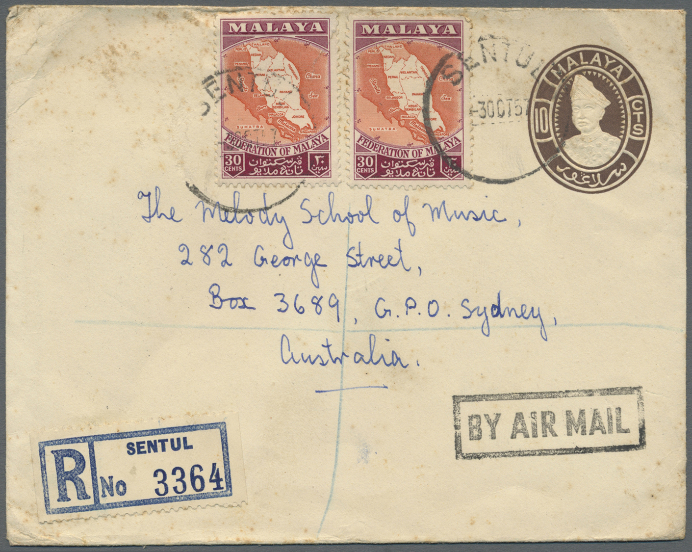 GA Malaysia: 1957/1960: Two Postal Staionery Envelopes Used To AUSTRALIA, With 1) 10c. Envelope Uprated 30c.(x2) 1957 Fr - Malaysia (1964-...)