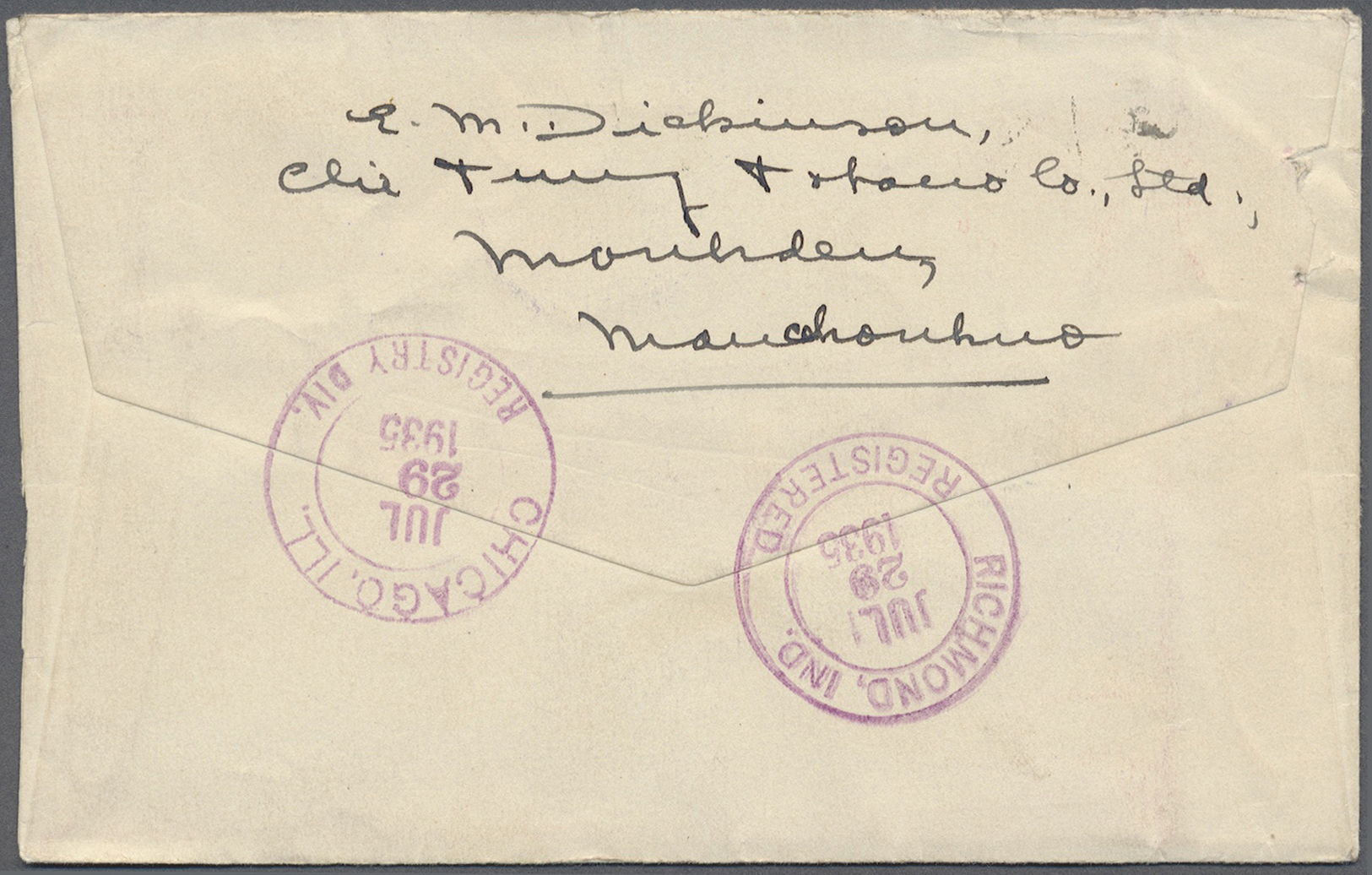 Br Mandschuko (Manchuko): 1935. Registered Advice Of Receipt Envelope Addressed To The United States Bearing Japan SG 24 - 1932-45 Manchuria (Manchukuo)