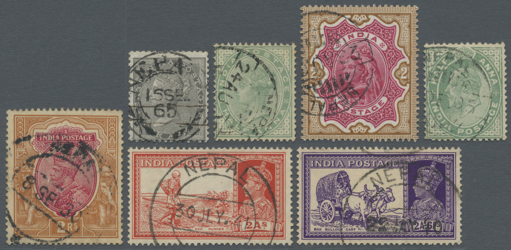 Br/O Nepal: 1865-1941: Seven Indian Stamps And One Cover All Used In NEPAL, From 1856 QV 4a. Grey-black Cancelled By "NE - Népal