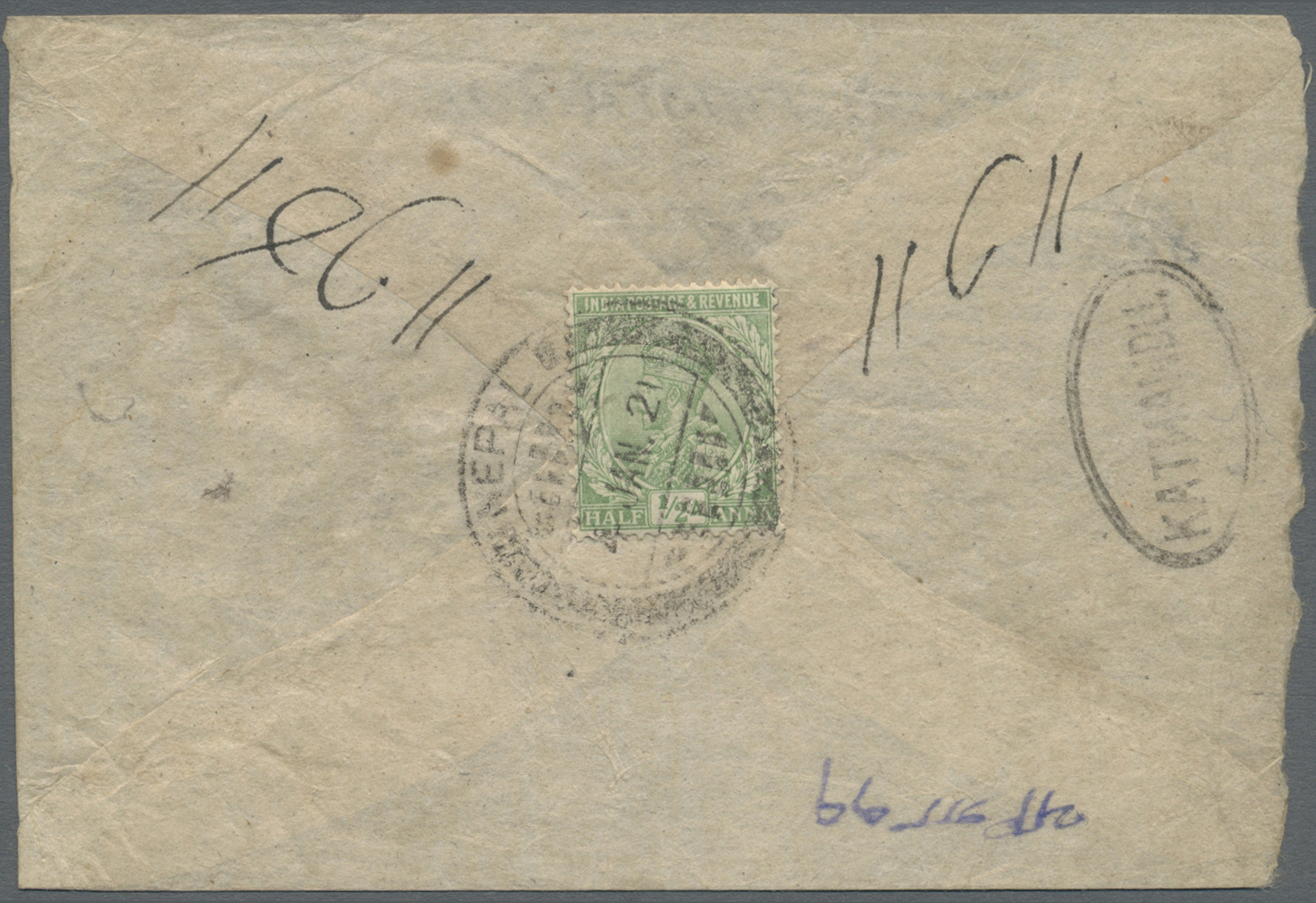 Br/O Nepal: 1865-1941: Seven Indian Stamps And One Cover All Used In NEPAL, From 1856 QV 4a. Grey-black Cancelled By "NE - Nepal