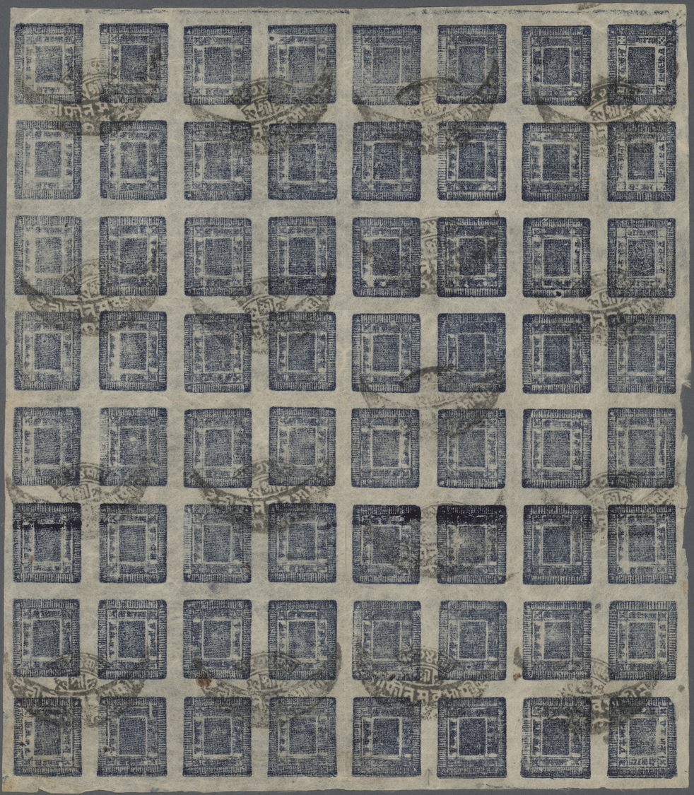 (*) Nepal: 1920/28, Telegraphic Period 1a Deep Blue Complete Sheet Of 64 Of Setting 27, Used With Birganj Telegraph Canc - Népal