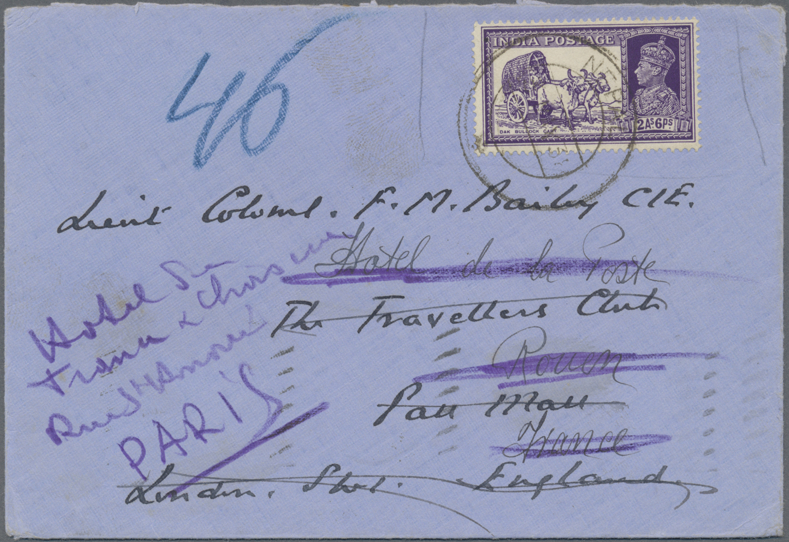 Br Nepal: 1938: Cover From Nepal Addressed 'Lieut. Colonal F.M. Bailey CIE, The Travellers Club, London', Redirected To - Népal