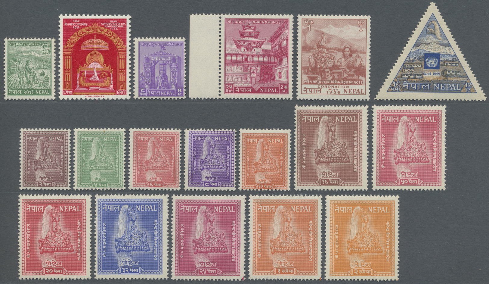 ** Nepal: 1956/1957, 3 Sets Complete Mnh. Coronation, UNO And 1957 Definitive Set. - Népal