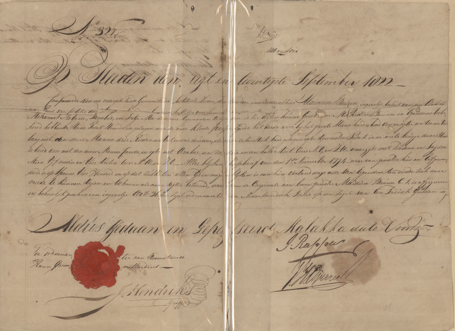 Br Niederländisch-Indien: 1822, Document (contract) From MALAKKA Written In Dutch On 20th September 1822 With Different - Netherlands Indies