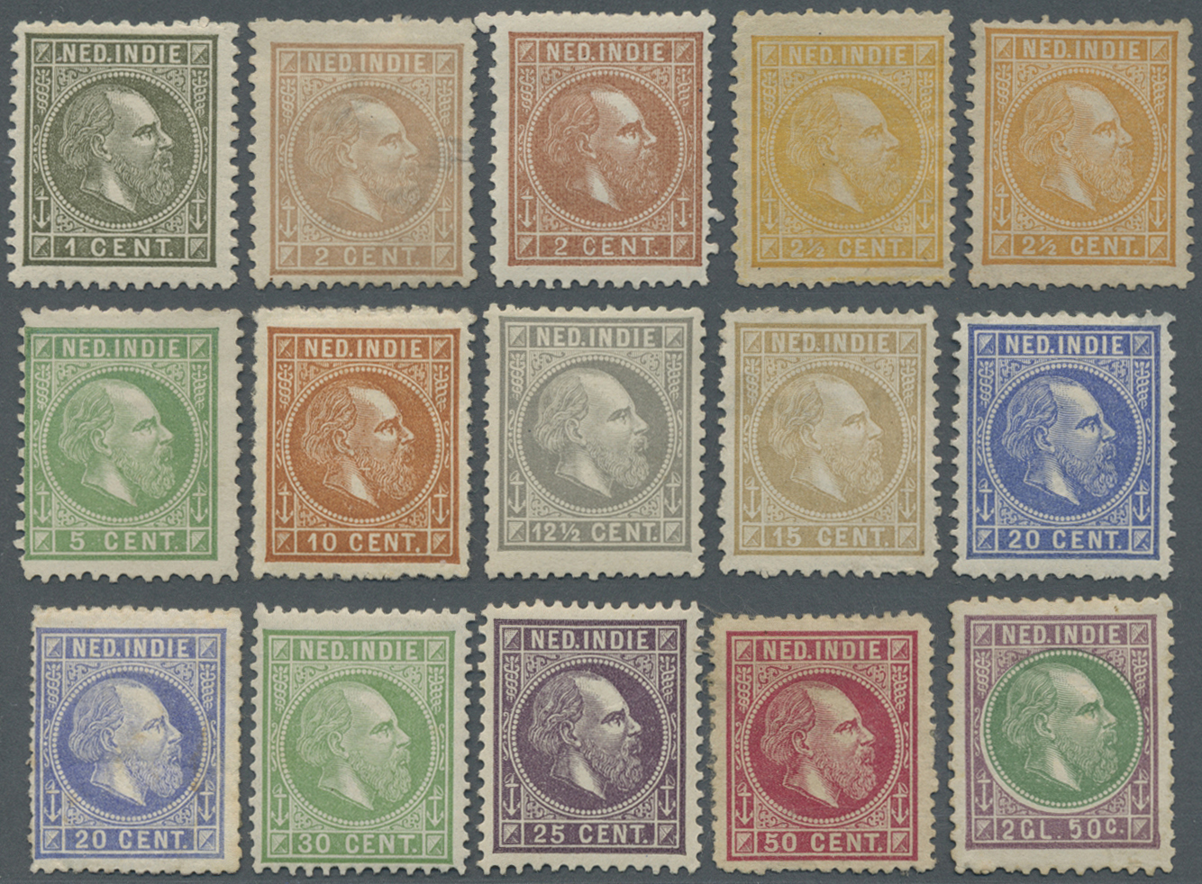 */(*) Niederländisch-Indien: 1870/88 (ca.). SG 11, 1c Bronze, SG 28, 2c Brown-purple, SG 30, 2½c Buff (2), SG 31, 5c Gre - Indes Néerlandaises
