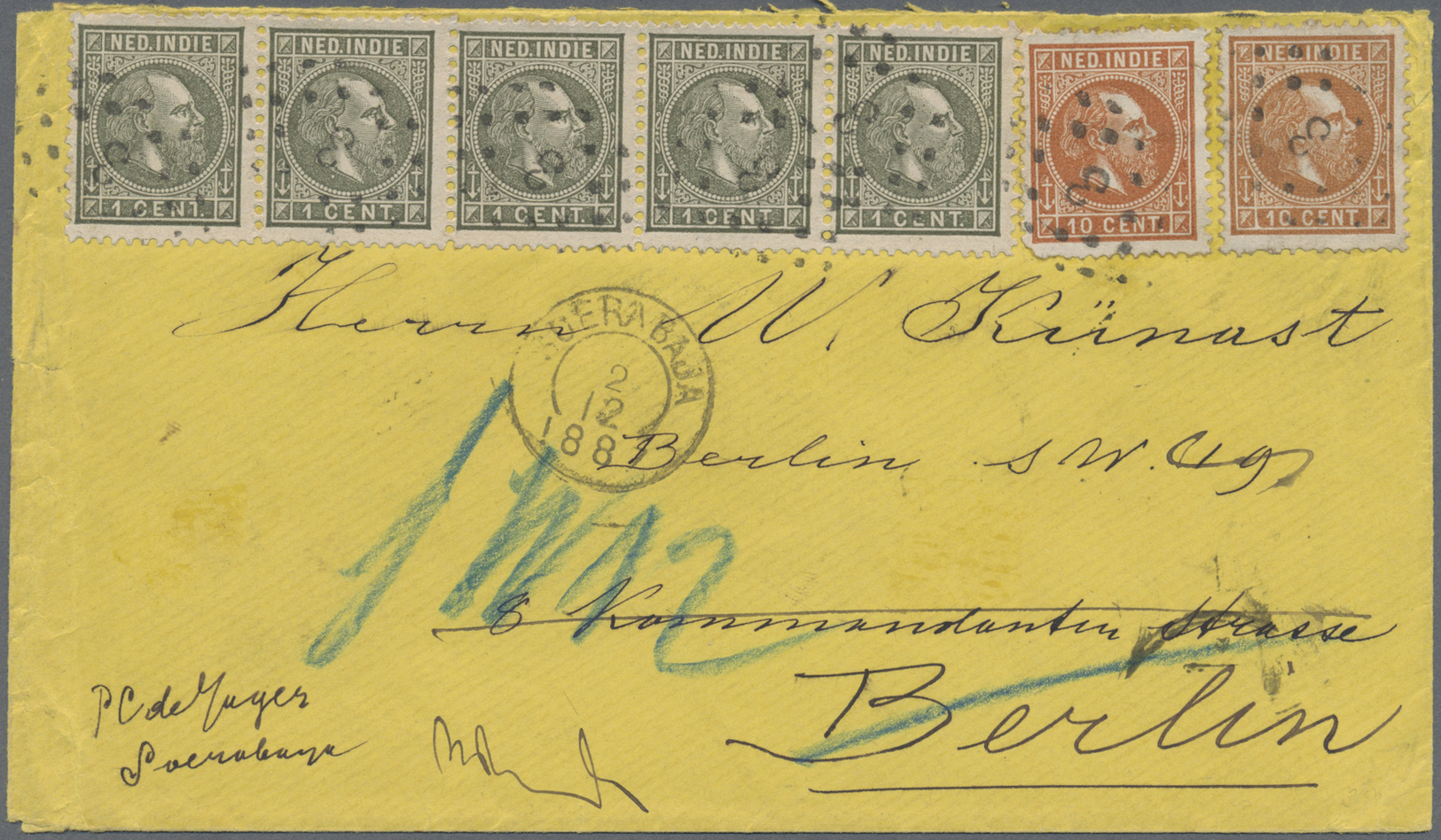 Br Niederländisch-Indien: 1870, Wilhelm III 1 C Olive In A Stripe Of Five And Two Single Stamps 10 C Orange-brown (diffe - Netherlands Indies