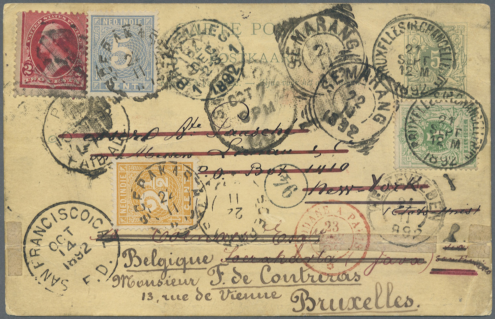 GA Niederländisch-Indien: 1892 World Around: Belgian PS Card Back To Belgium Via New York (franked US 2c) And Neth. Indi - Netherlands Indies