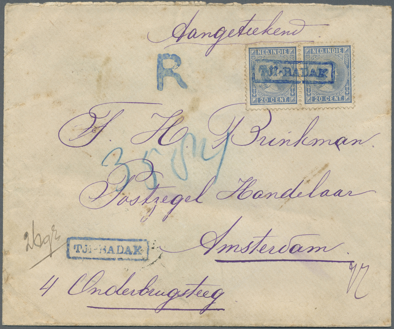 Br Niederländisch-Indien: 1899. Registered Envelope (traces Of Aging) Addressed To Amsterdam Bearing SG 97, 20c Ultramar - Indes Néerlandaises