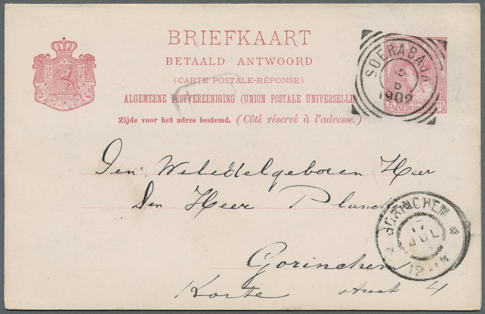 GA Niederländisch-Indien: 1900, Unsevered Double Card Netherlands  5 C. + 5 C. Used "DOETINCHEM 10 APR 02" To Surabaya W - Indes Néerlandaises