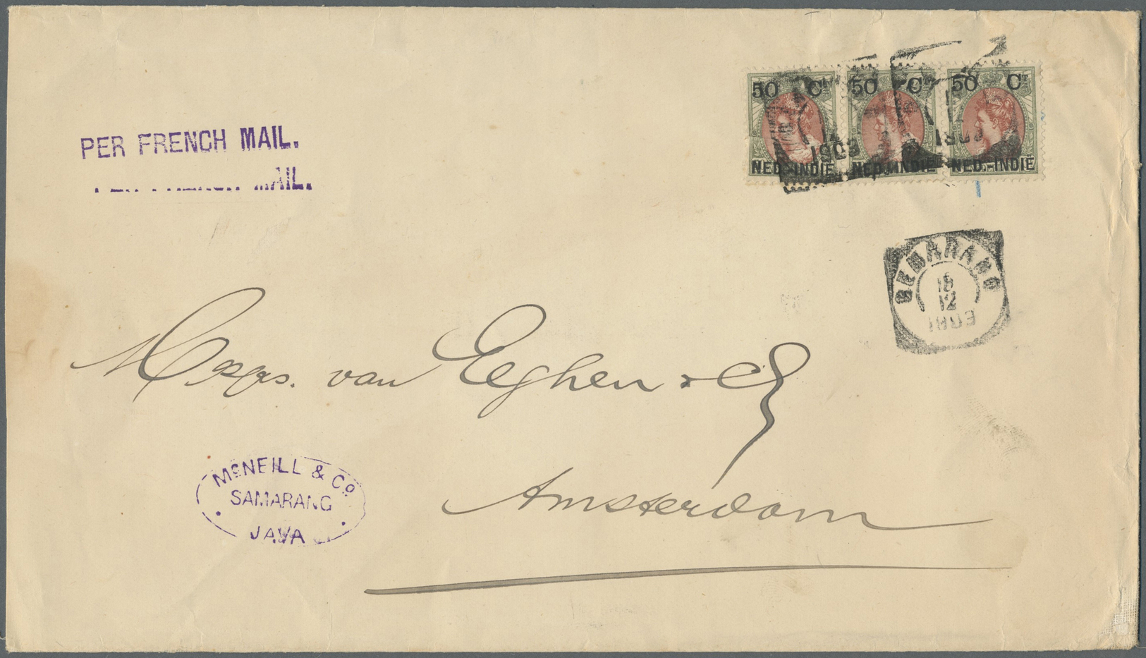 Br Niederländisch-Indien: 1903, Business Letter Franked With 50 Cent. Wilhelmina In Strip Of Three, Left Stamp Folded. W - Netherlands Indies