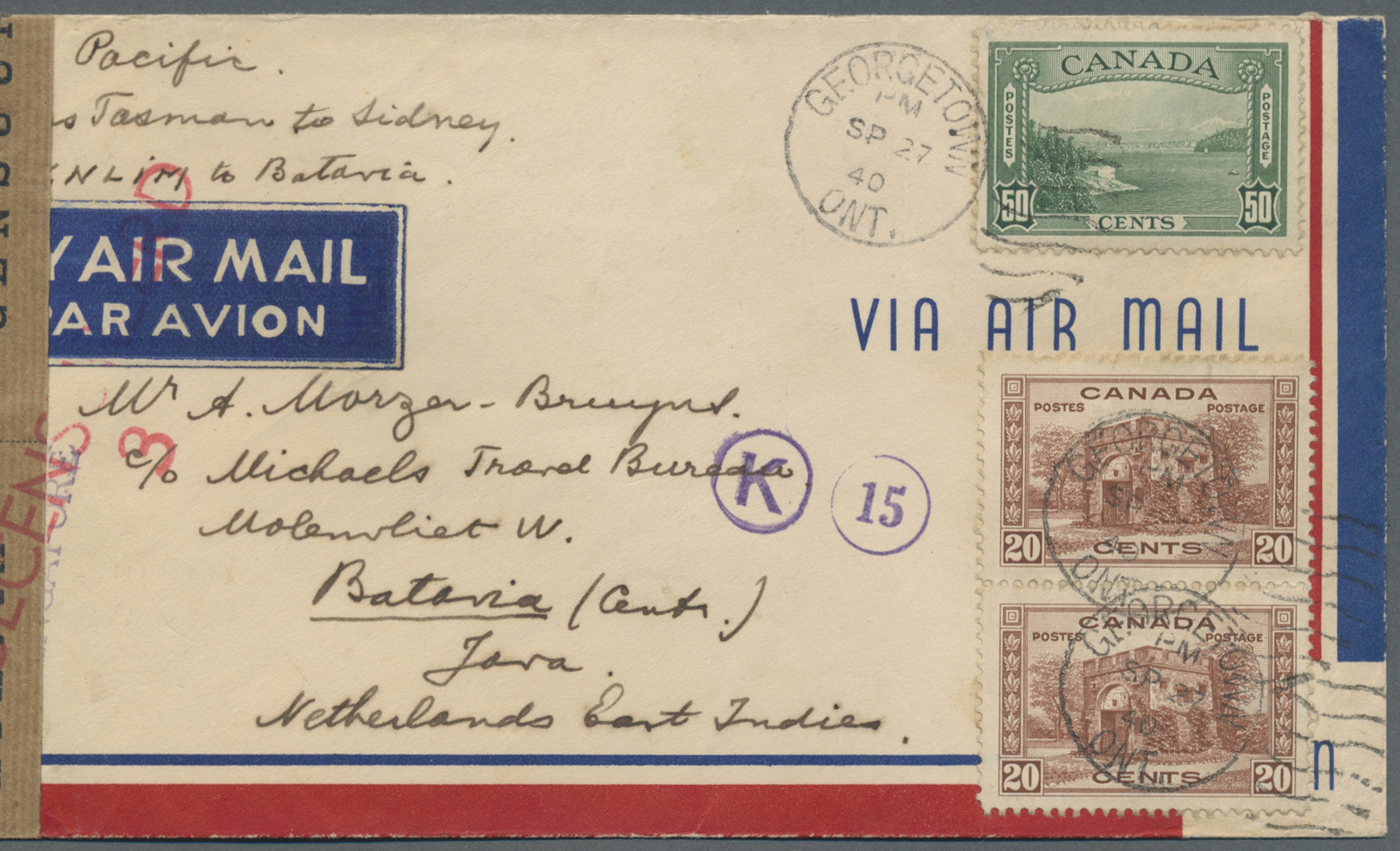 Br Niederländisch-Indien: 1940. Air Mail Envelope Addressled To Batavia, Java, Netherlands Lndies Bearing Canada SG 365, - Indes Néerlandaises