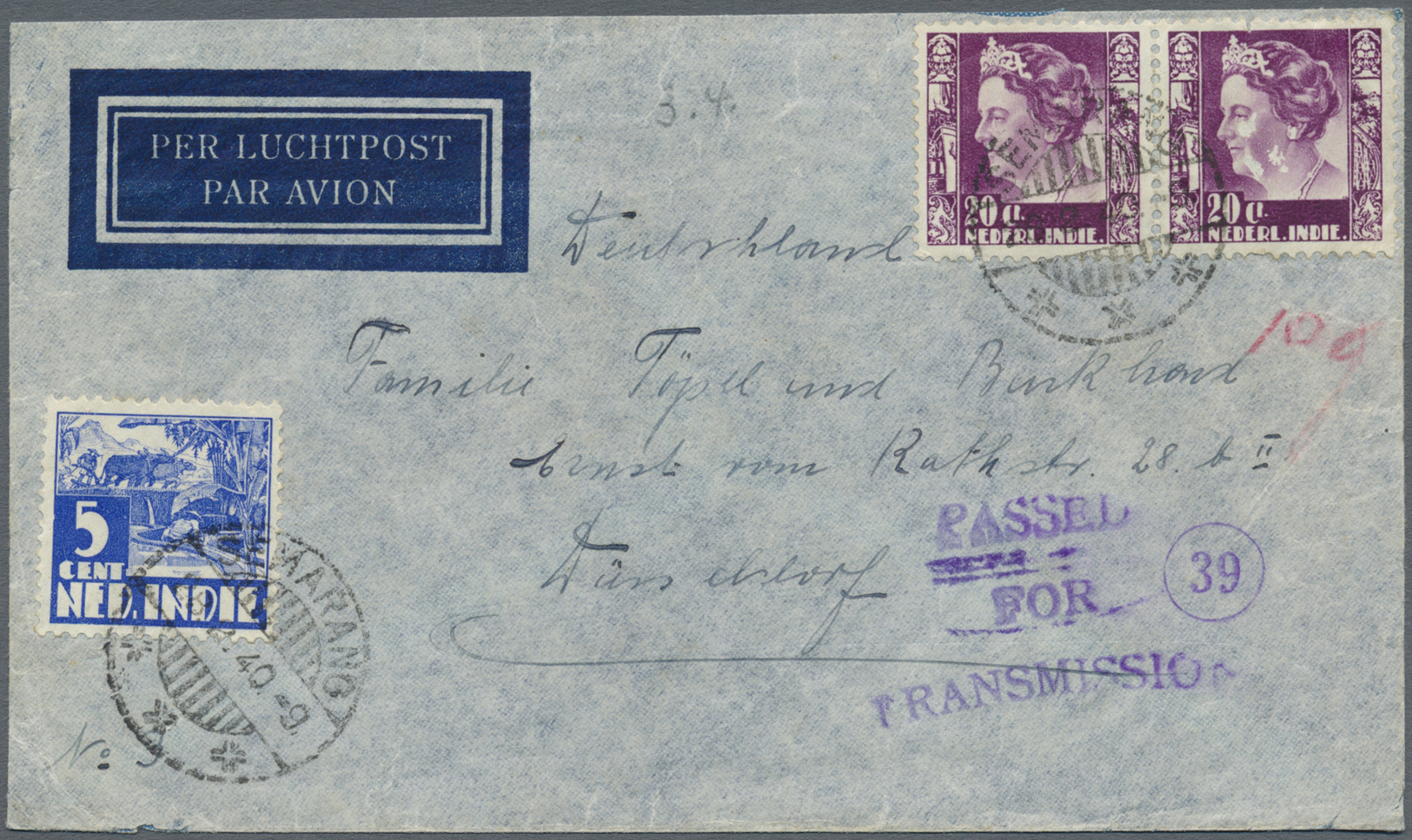 Br Niederländisch-Indien: 1940. Air Mail Envelope Addressed To Germany Bearing Netherlands Indies SG 341, 5c Ultramarine - Indes Néerlandaises