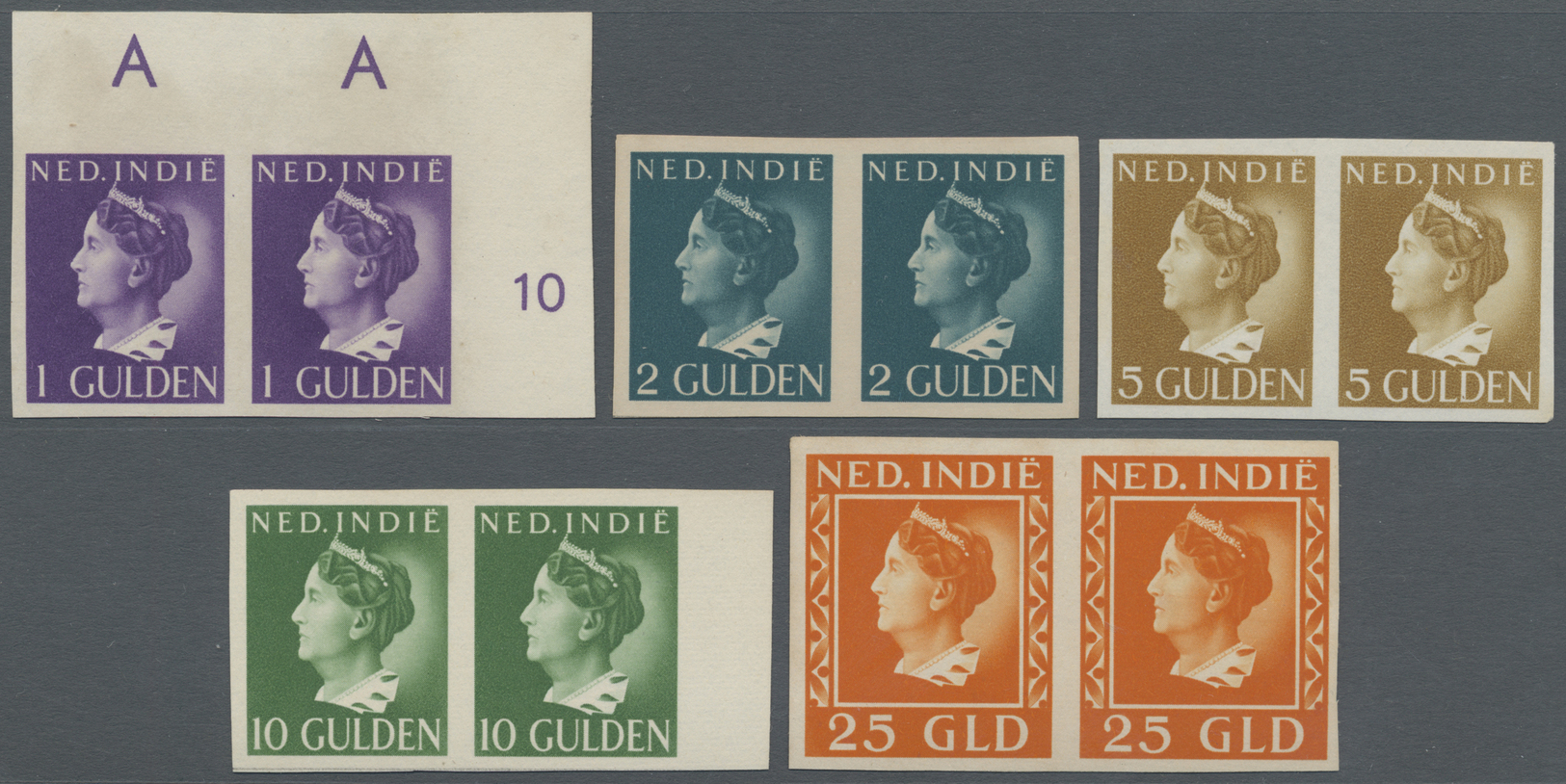 (*)/ Niederländisch-Indien: 1941/47 Series, 10 C.- 25 Gld., Imperforated Ungummed Proofs In Horizontal Pairs (15), 10 Wi - Netherlands Indies