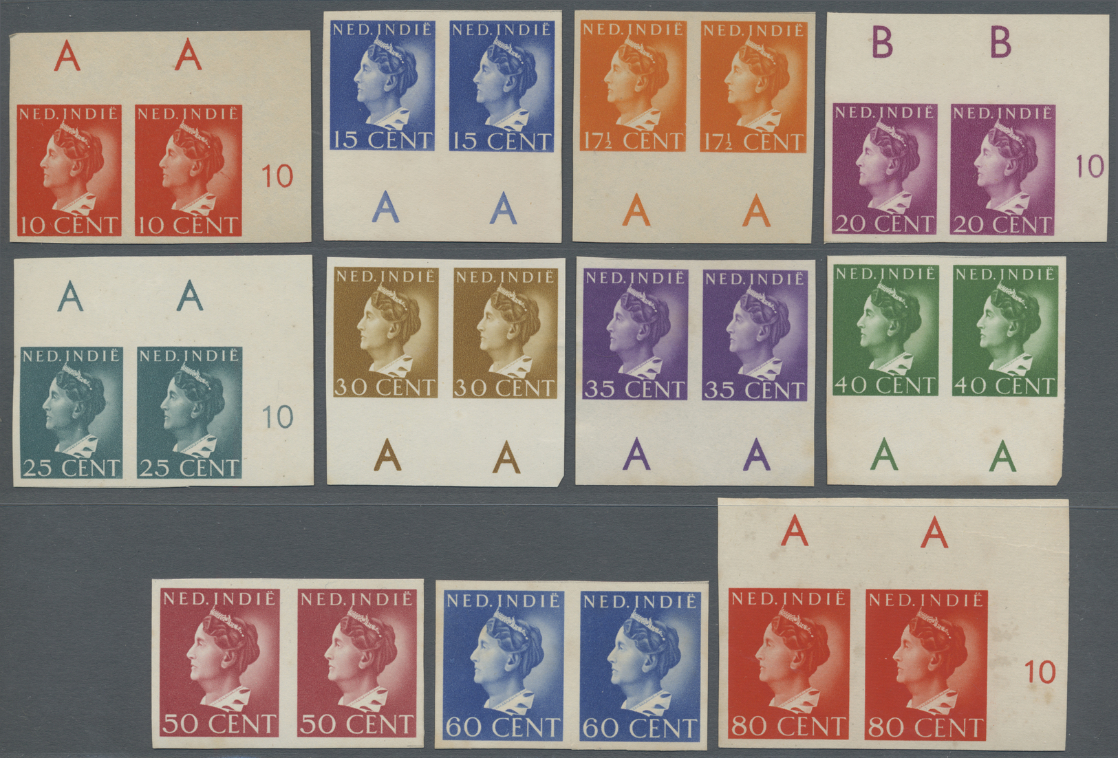 (*)/ Niederländisch-Indien: 1941/47 Series, 10 C.- 25 Gld., Imperforated Ungummed Proofs In Horizontal Pairs (15), 10 Wi - Indie Olandesi