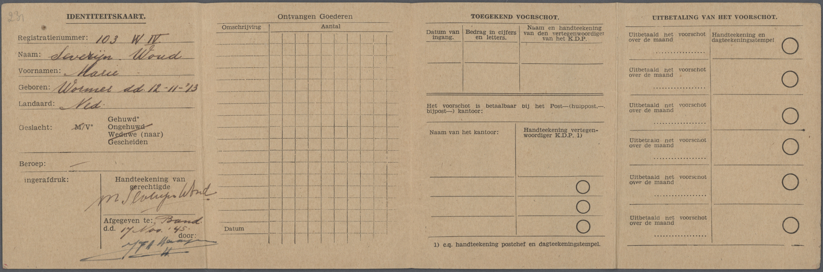 Br Niederländisch-Indien: 1945. Dutch Indies Identity Card Issued To Mrs Severijn-Woud Dated '17th Nov 45'. Given To Her - Indes Néerlandaises