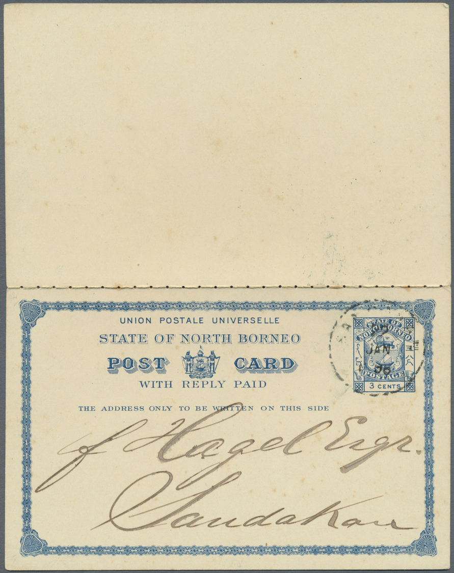 GA Nordborneo: 1896. Postal Stationery Double Reply Card 3 Cents Blue Cancelled By Sandakan Date Stamp '22nd Jan 96' Add - North Borneo (...-1963)