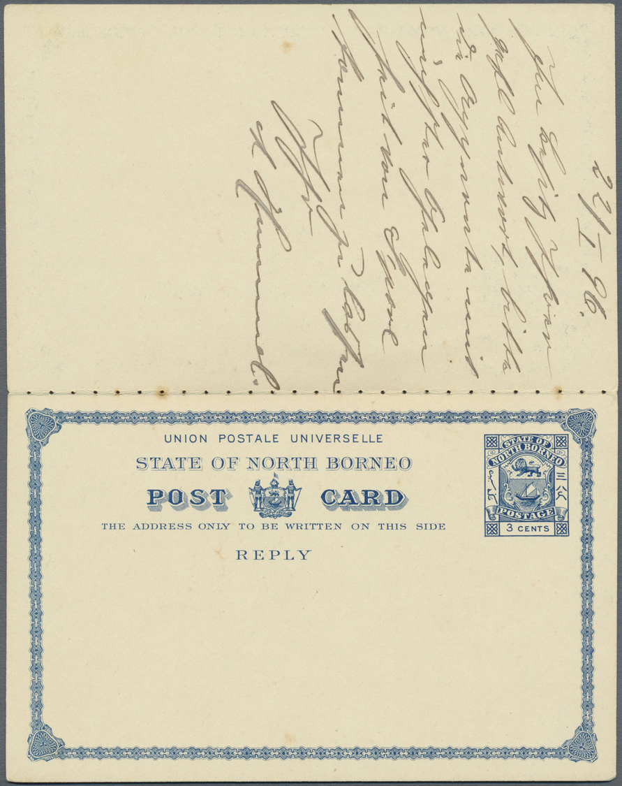 GA Nordborneo: 1896. Postal Stationery Double Reply Card 3 Cents Blue Cancelled By Sandakan Date Stamp '22nd Jan 96' Add - North Borneo (...-1963)