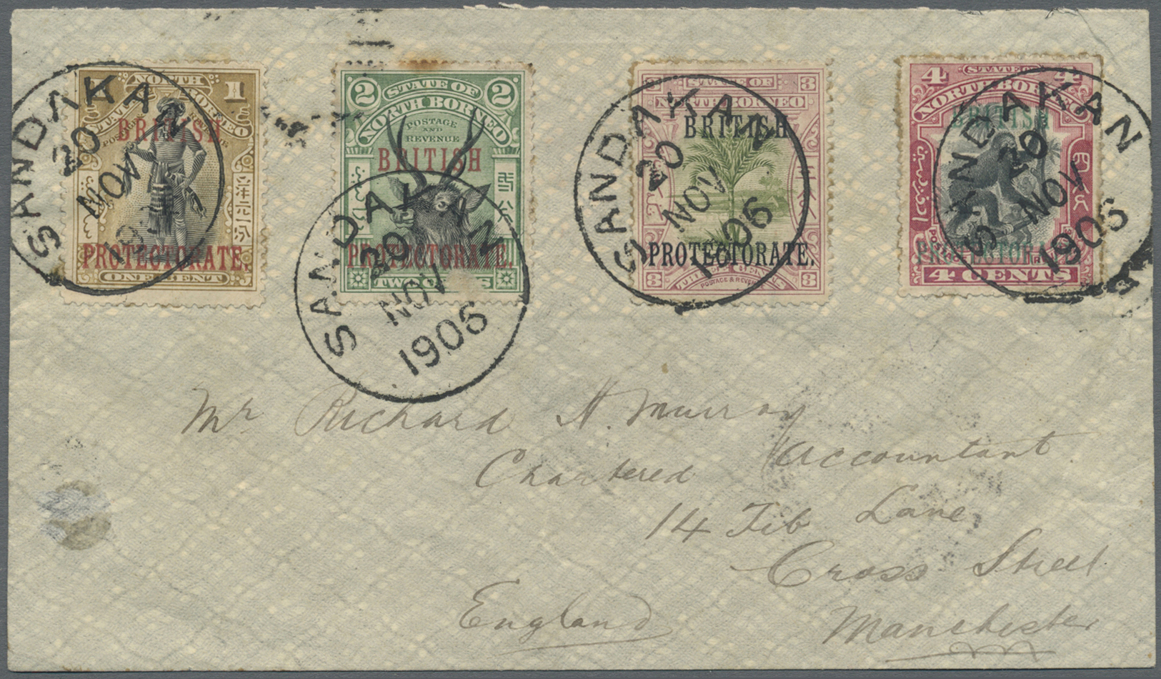 Br Nordborneo: 1906. Envelope To England Bearing SG 127, 1c Black And Bistre, SG 128, 2c Black And Green, SG 129, 3c Gre - North Borneo (...-1963)