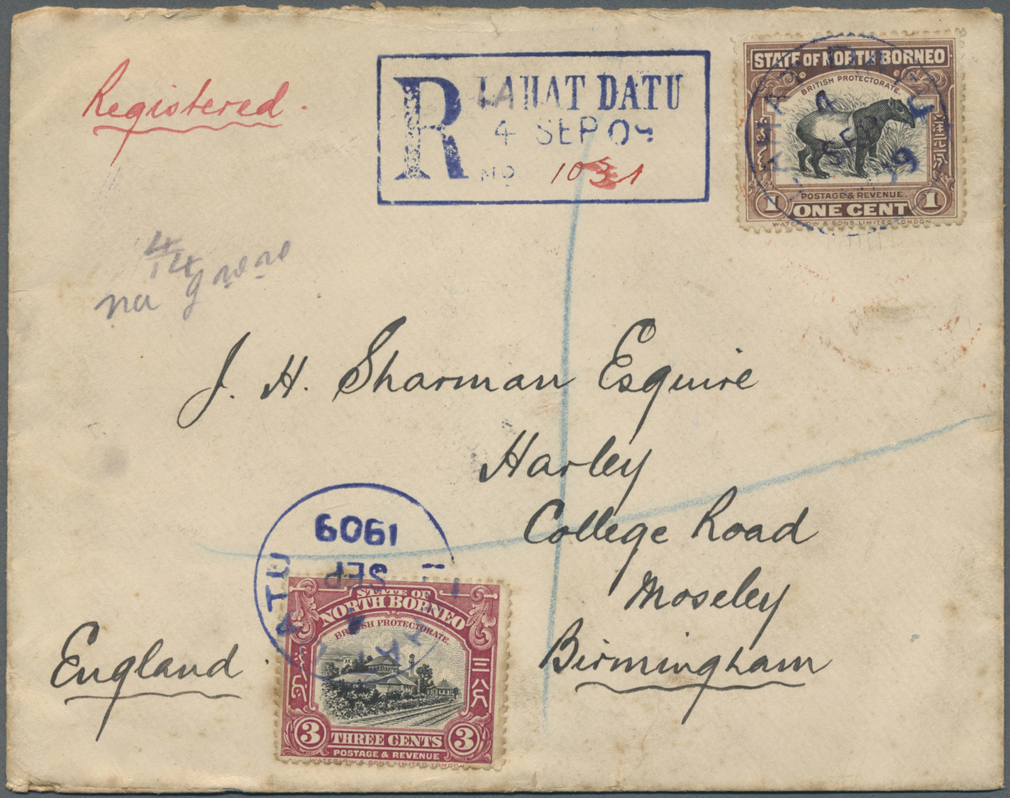 Br Nordborneo: 1909. Registered Envelope Addressed To England Bearing SG 158, 1c Chocolate, SG 160, 2c Green, SG 161, 3c - North Borneo (...-1963)