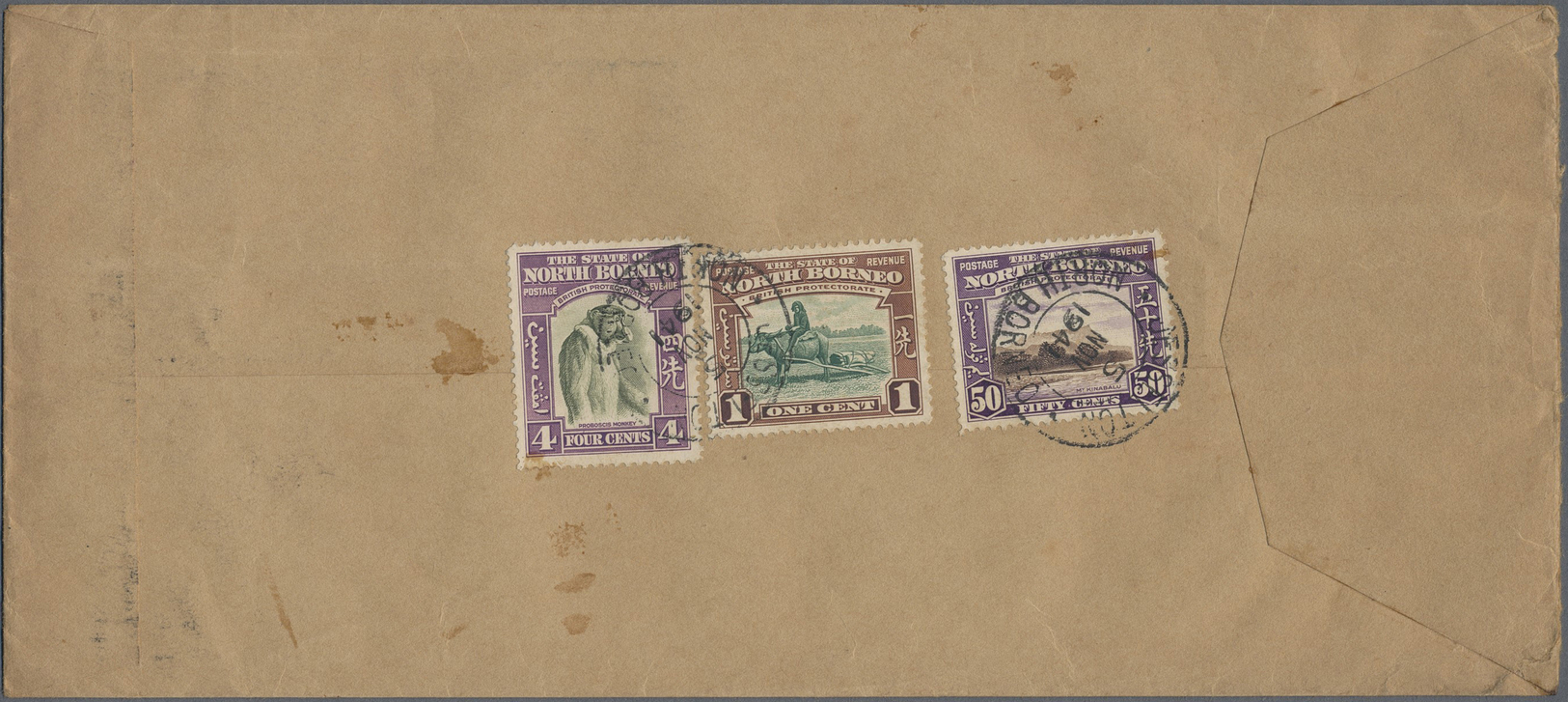 Nordborneo: 1939, Airmail-envelope (little Toned) Bearing MiNr. 224,225,22,230,233-35 On Front/back Cancelled "JESSELTON - North Borneo (...-1963)
