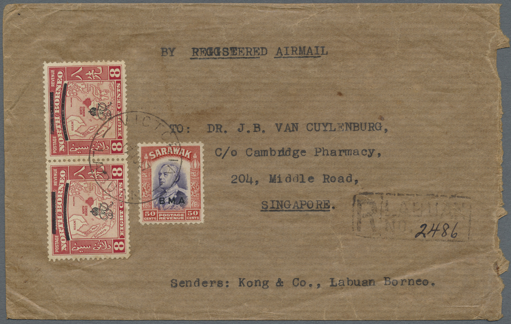 Br Nordborneo: 1947, Registered Airmail Commercial Cover Bearing Attractive Franking On Front And On Reverse, From "VICT - North Borneo (...-1963)