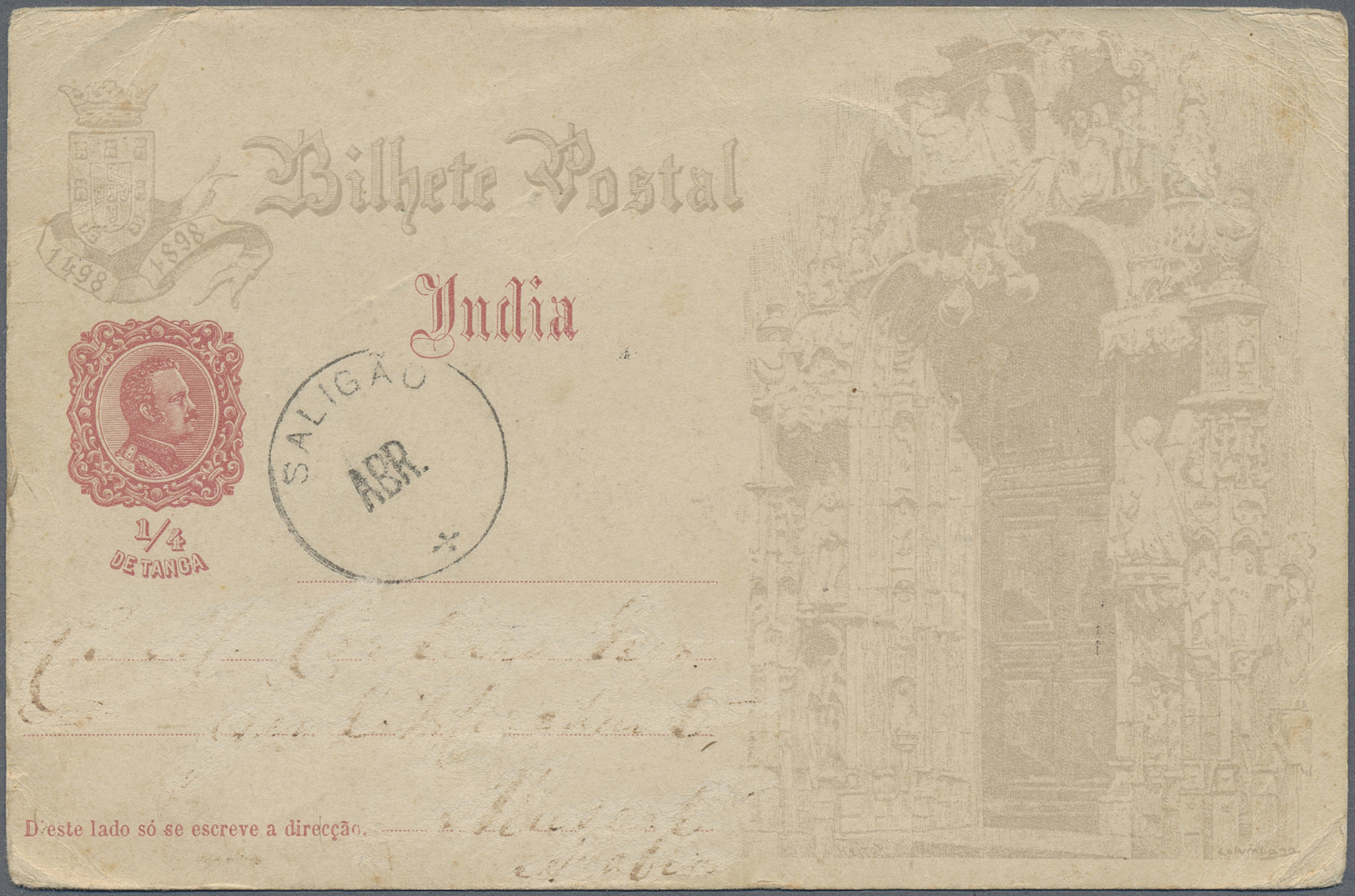 GA Oman: 1898, Postal Stationery Card Portuguese India 1/4 De Tanga Tied By Clear "SALIGAO ABR" Cds. Addressed To Muscat - Oman