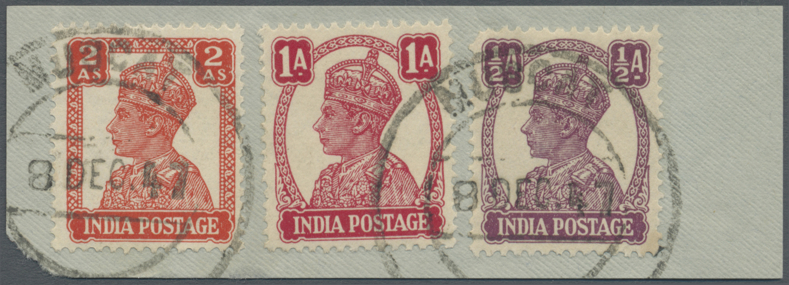 Oman: 1947 (Dec 8), PAKISTANI ADMIN.: Small Piece Bearing India 1940-43 KGVI. ½a, 1a And 2a All Tied By Two Fine Strikes - Oman