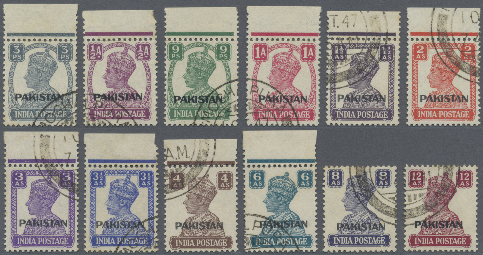 O Pakistan: 1947 First Issue Complete Set Of 14, Used And Cancelled With Part Strikes Of '1 OCT 37' First Day Cds, Some - Pakistan