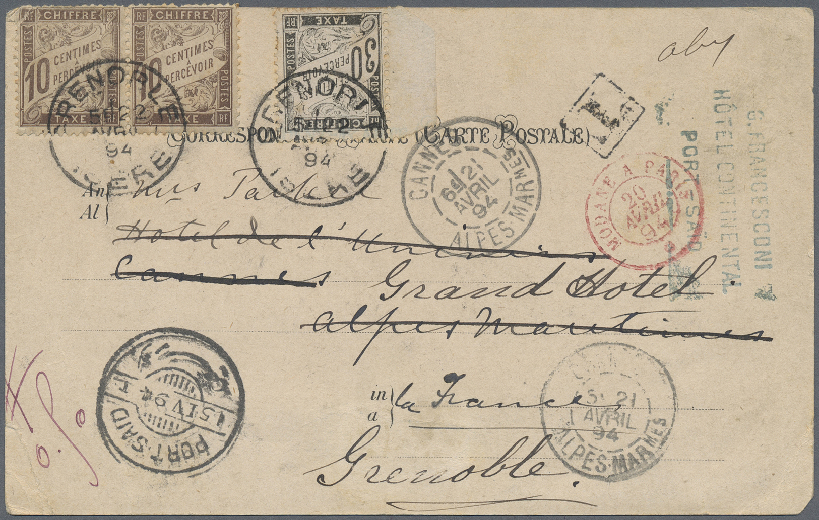 Palästina: 1894, Stampless Postcard From Jerusalem With Hotel Cachet Port Said And Boxed "T" Alongside To France, In Gre - Palestine