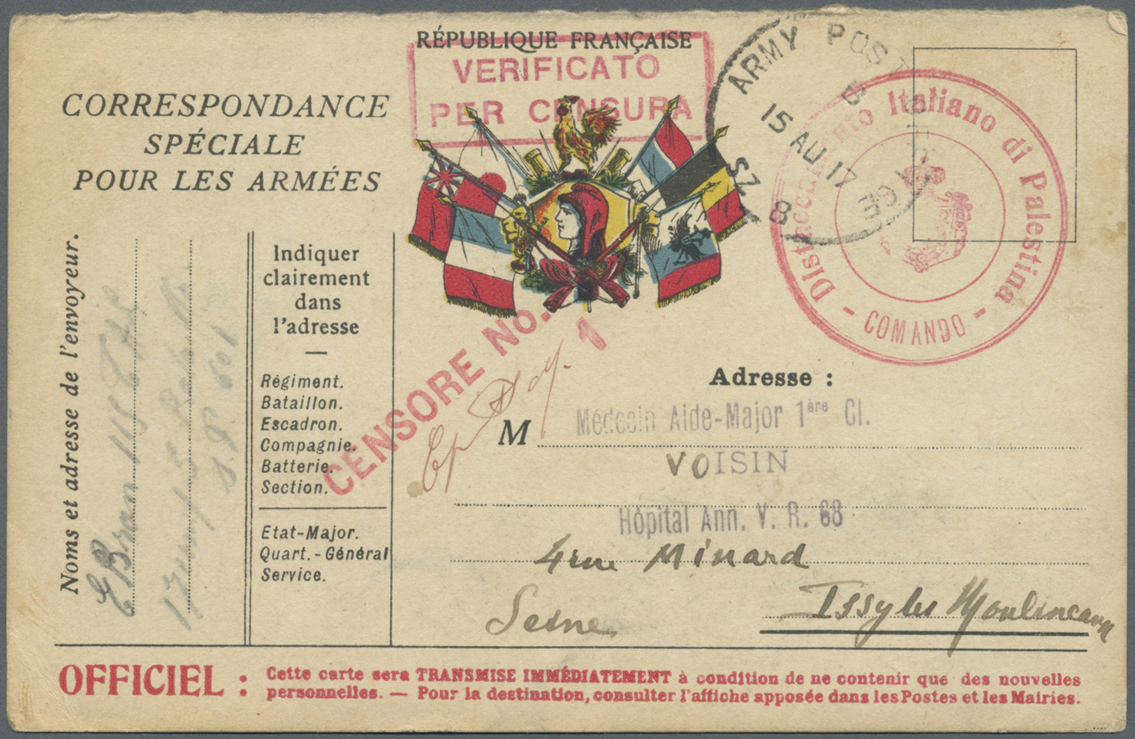GA Palästina: 1917, French Field Post Form With Italian DISTACCAMENTO ITALIANO DI PALESTINA" And Italian Censor Carried - Palestine