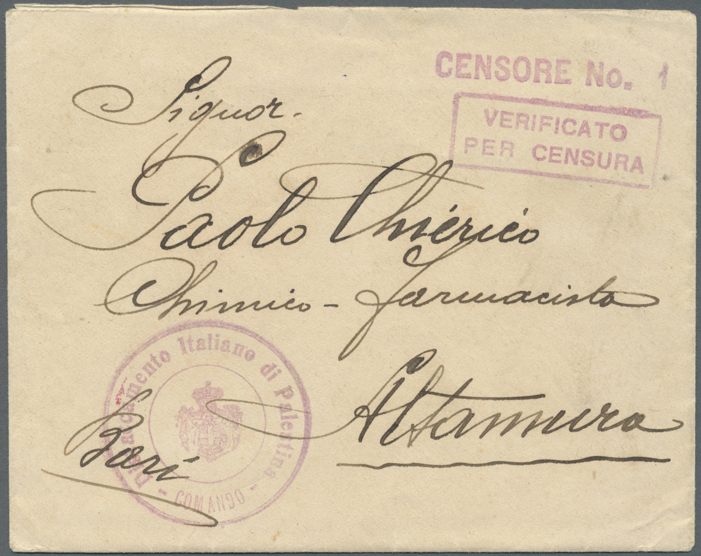 Br Palästina: 1917, Envelope With "RISTALLAMENTO ITALIANO DI PALÄSTINA COMMANDO" With Censor "VRIFICATO PER CENSURA" Nad - Palestine