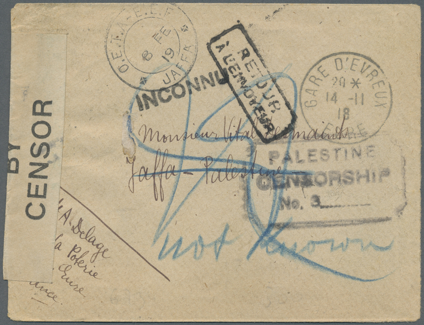 Br Palästina: 1918, Incoming Stampless Cover From France To Jaffa With Insufficient Address Inc. "Palestine/Censorship/N - Palestine