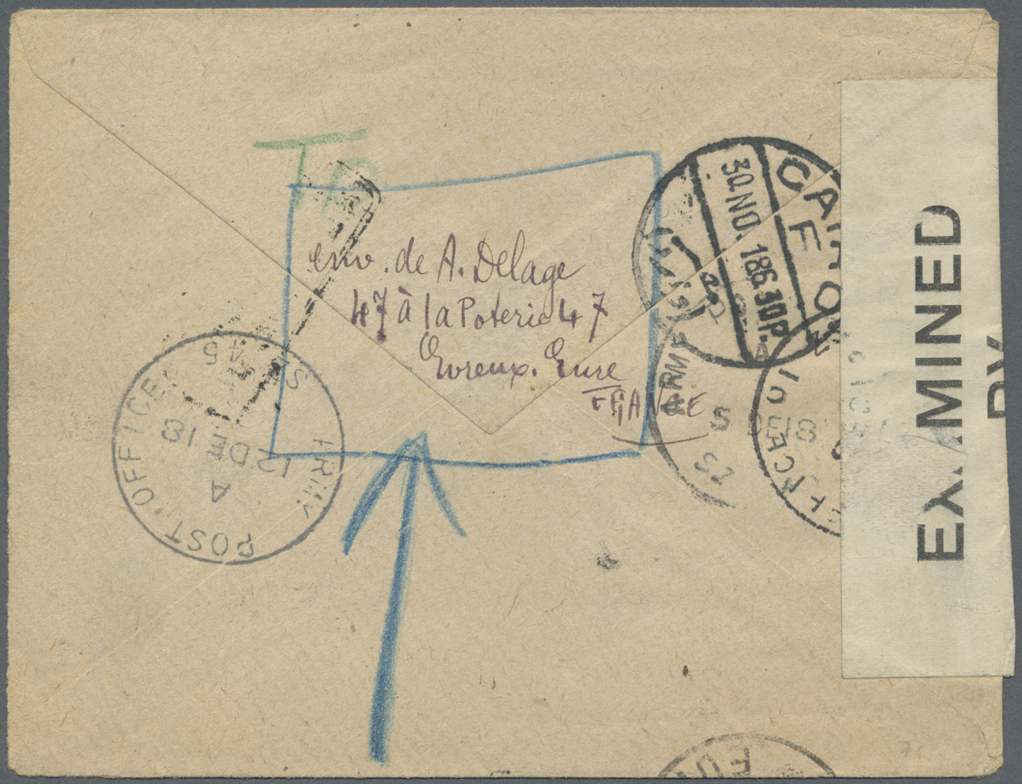 Br Palästina: 1918, Incoming Stampless Cover From France To Jaffa With Insufficient Address Inc. "Palestine/Censorship/N - Palestine