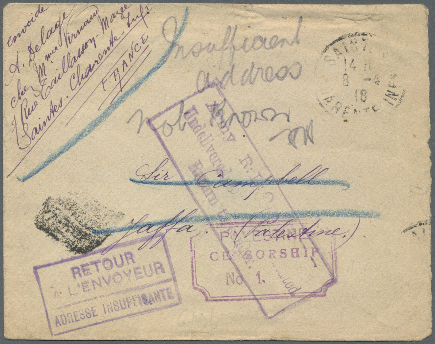 Br Palästina: 1918, Incoming Stampless Cover From France To Jaffa With Insufficient Address Inc. "Palestine/Censorship/N - Palestine