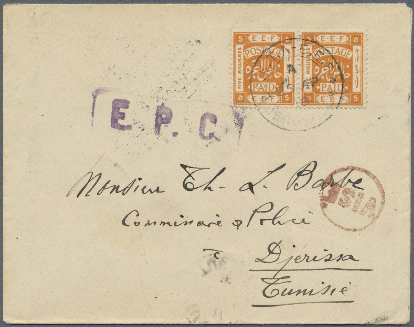 Br Palästina: 1919. Censored Envelope Addressed To Tunisia, North Africa Bearing Palestine SG 9, 5m Orange (pair) Tied B - Palestine