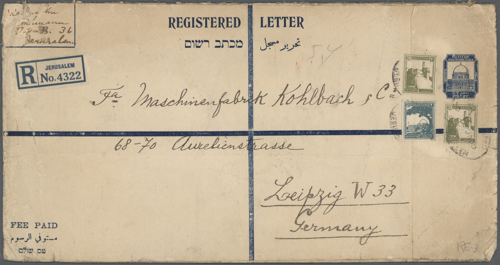 GA Palästina: 1930, 13 Mill. Registered Stat. Envelope Uprated By 2 And 20 (2) Mill Sent From JERUSALEM To Leipzig. Some - Palestine