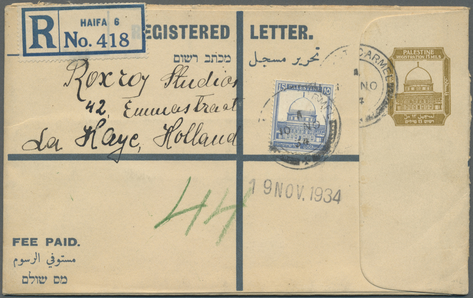 GA Palästina: 1934/45, Four  Registration Envelopes With Uprates, 8 C. (two Different Types), 15 C. Used To Jerusalem, H - Palestine