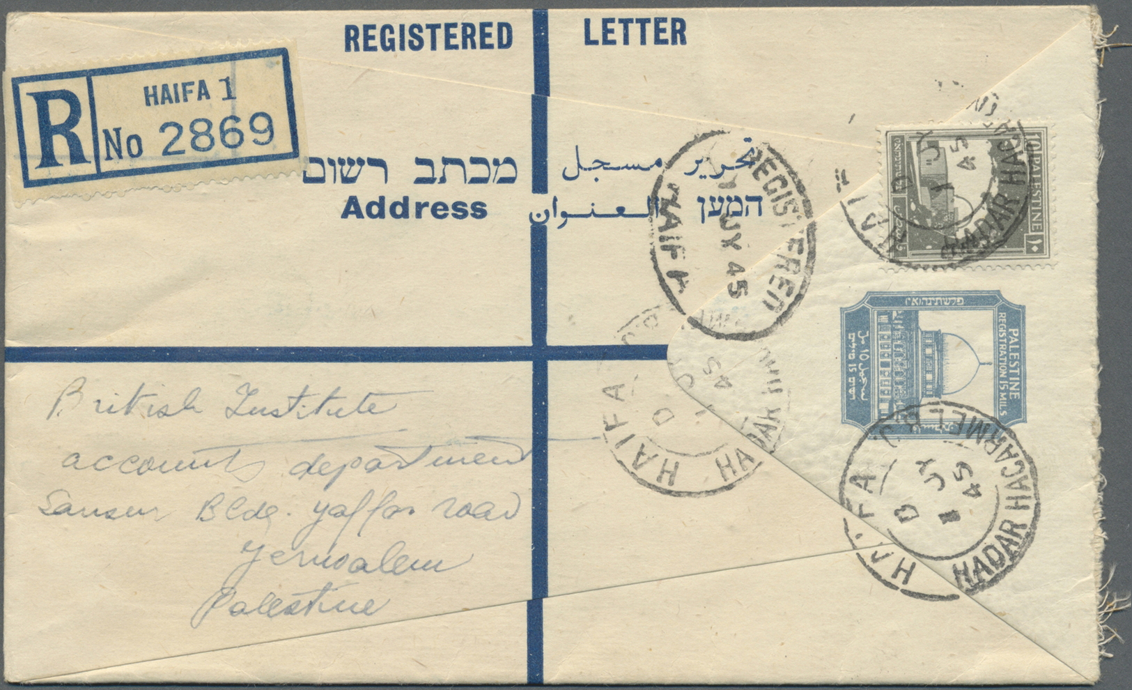 GA Palästina: 1934/45, Four  Registration Envelopes With Uprates, 8 C. (two Different Types), 15 C. Used To Jerusalem, H - Palestine