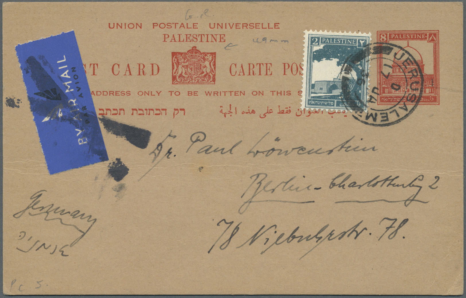 GA Palästina: 1936/37, UPU Card 8 C. Uprated 2 C. For Airmail Used To Germany From Jerusalem And Haifa. - Palestine