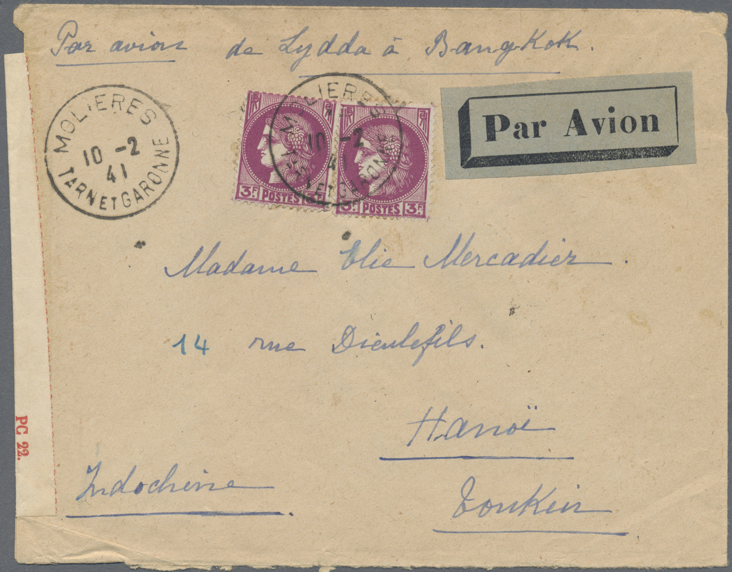 Br Palästina: 1941. Air Mail Envelope Written From France Addressed To Hanoi Bearing France Yvert 376, 3f Lilac (pair) T - Palestine