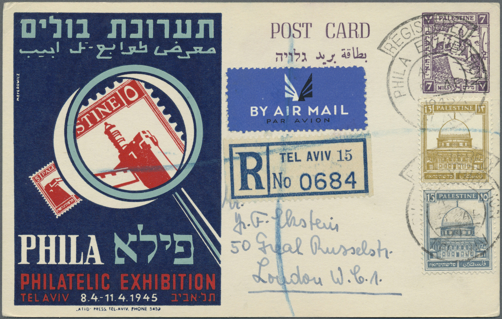 GA Palästina: 1945, Tel Aviv Philatellic Exhibiton Stationery Cards Used (6): Air Mail Registered To London (2), Air To - Palestine