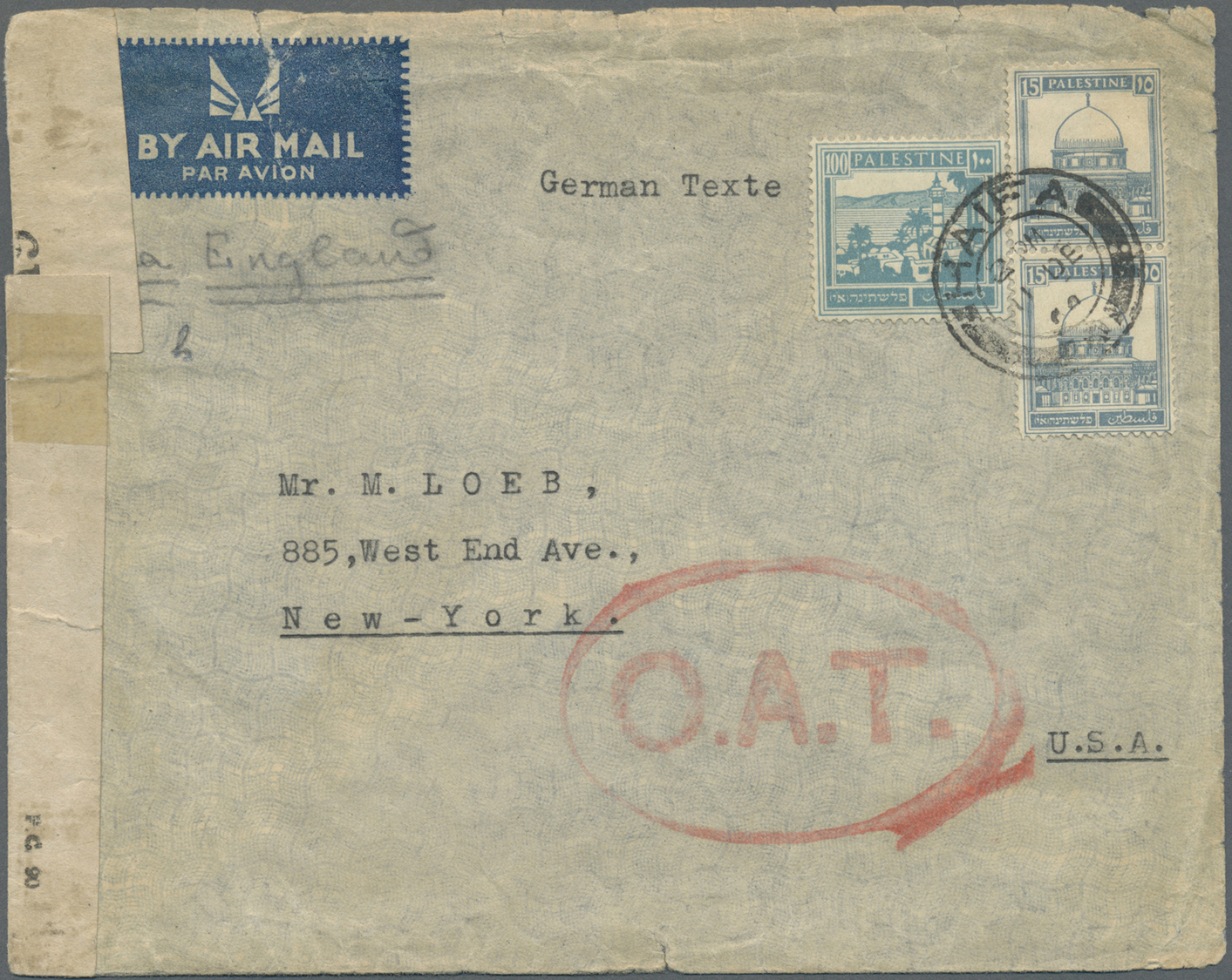 Br Palästina: 1945/46, Express Registered Cover With 50 M. From "JERUSALEM 10 CITADEL P.O." To Haifa; Air Mail Cover End - Palestine